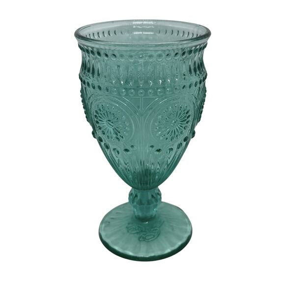 The Pioneer Woman Adeline 12-Ounce Footed Glass Goblet Turquoise Teal One - Picture 3 of 12
